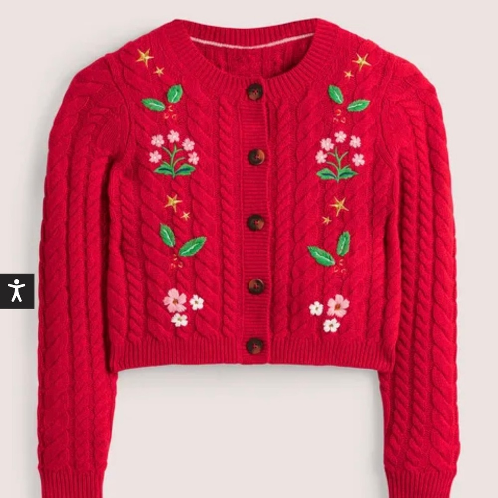 Boden *HARD TO FIND* Embroidered Cropped Cardigan Rockabilly Red Embroidery